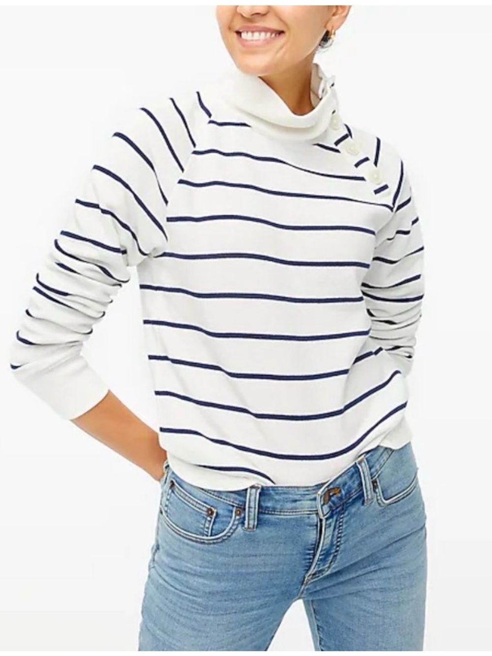 J. CREW Button Collar Navy Striped Fisherman Fleece Pullover Sweater Size S